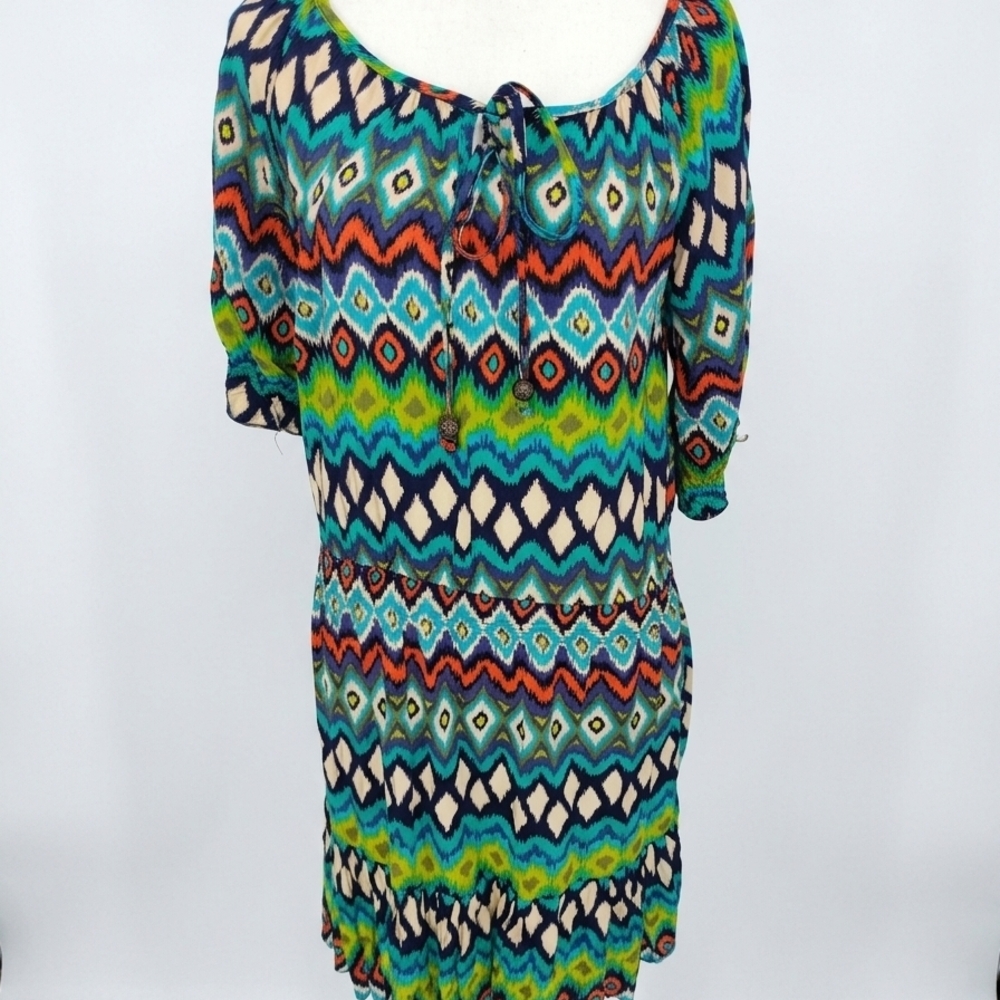 Allison Brittney Boho Chevron Print Women’s Tunic Dress - Blue Green Multi M Euc